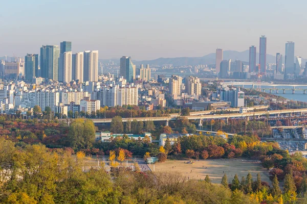 Zonsondergang Luchtfoto Van Het Centrum Van Seoul Van Haneul Park — Stockfoto