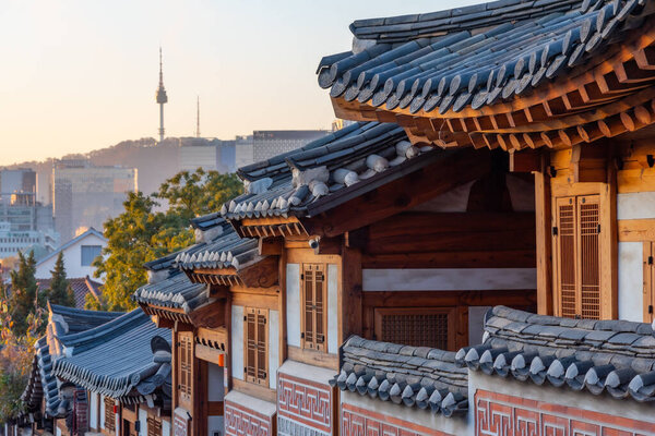 Namsan tower viewed from Bukchon hanok village in Seoul, Republic of Korea