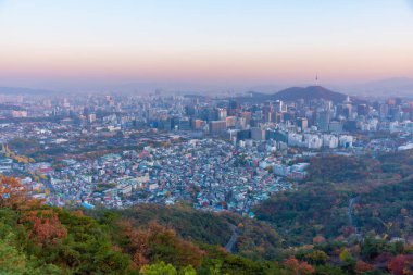 Gyeongbokgung Sarayı ve Kore Cumhuriyeti şehir merkezi manzaralı Namsan Kulesi.