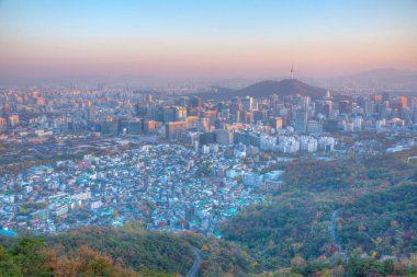 Gyeongbokgung Sarayı ve Kore Cumhuriyeti şehir merkezi manzaralı Namsan Kulesi.