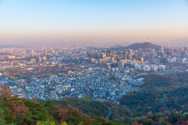 Gyeongbokgung Sarayı ve Kore Cumhuriyeti şehir merkezi manzaralı Namsan Kulesi.