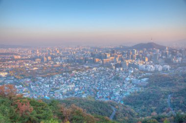 Gyeongbokgung Sarayı ve Kore Cumhuriyeti şehir merkezi manzaralı Namsan Kulesi.