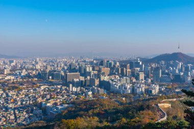 Gyeongbokgung Sarayı ve Kore Cumhuriyeti şehir merkezi manzaralı Namsan Kulesi.