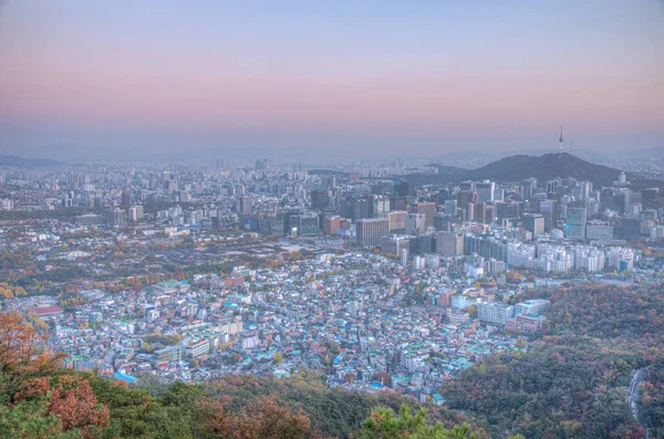 Pohled Věž Namsan Při Západu Slunce Výhledem Palác Gyeongbokgung Centrum — Stock fotografie