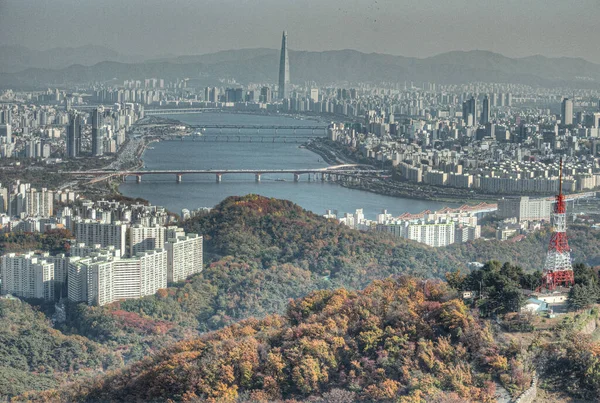 Seul Kore Han Nehrinin Kıyısındaki Lotte Kulesinin Havadan Görüntüsü — Stok fotoğraf
