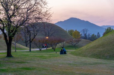 Kore Cumhuriyeti 'nin Gyeongju şehrinde bulunan birkaç kraliyet mezarının bulunduğu Tumuli parkının günbatımı manzarası.