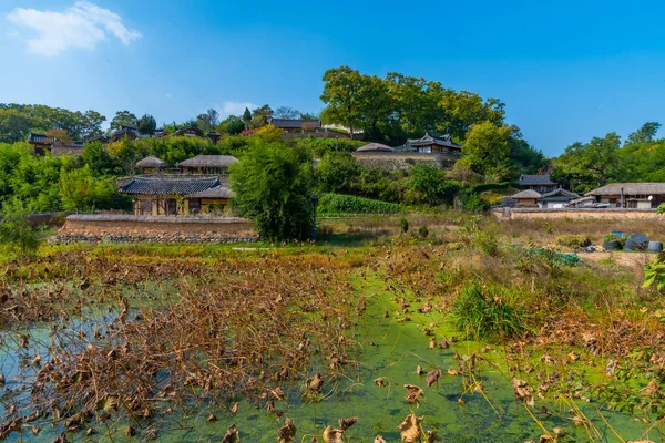 Maisons Traditionnelles Derrière Étang Lotus Village Folklorique Yangdong République Corée — Photo