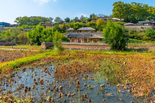 Tradiční Domy Lotosovým Rybníkem Lidové Vesnici Yangdong Korejské Republice — Stock fotografie