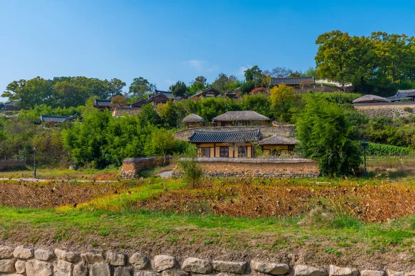 Traditionele Huizen Achter Een Lotusvijver Bij Yangdong Volksdorp Republiek Korea — Stockfoto