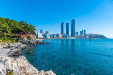 Kore Cumhuriyeti Busan 'daki Haeundae Sahili' nin arkasındaki gökdelenler.