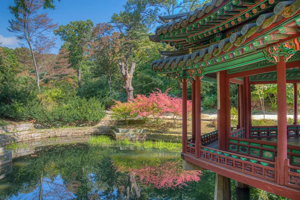 Wooden pavilion at Aeryeonji pond inside secret garden of Changdeokgung palace in Seoul, Republic of Korea