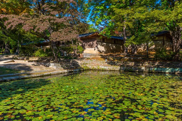 Wooden pavilion at Aeryeonji pond inside secret garden of Changdeokgung palace in Seoul, Republic of Korea