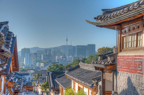 Namsan tower viewed from Bukchon hanok village in Seoul, Republic of Korea