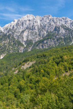 Arnavutluk 'taki Valbona-Theth yürüyüş yolundan Lanetli Dağlar' ın güzel manzarası