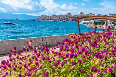 Arnavutluk 'ta Sarande' de deniz kenarı gezintisi çiçeklerin arkasında görülüyor