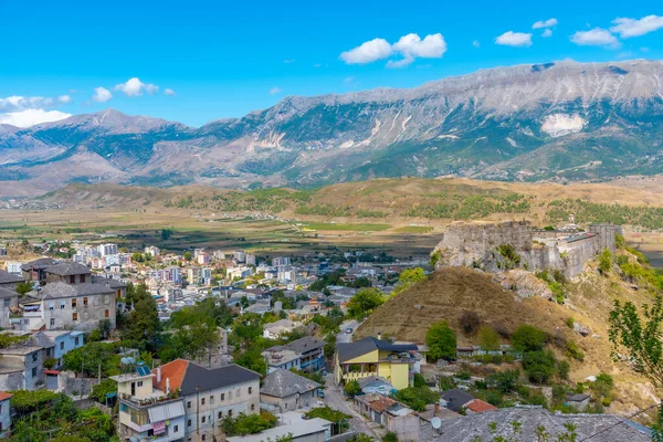 Widok Lotu Ptaka Zamek Gjirokaster Albanii — Zdjęcie stockowe