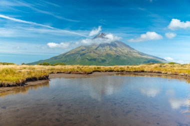 Mt. Taranaki, Yeni Zelanda 'da güneşli bir günde bir gölete yansıdı.