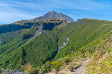 Mt. Taranaki Yeni Zelanda 'da güneşli bir günde izledi