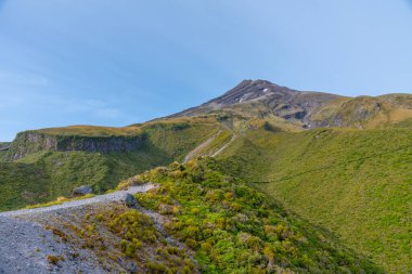 Mt. Taranaki Yeni Zelanda 'da güneşli bir günde izledi