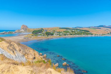 Yeni Zelanda 'daki Castlepoint plajının havadan görünüşü