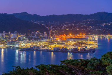 Wellington, Yeni Zelanda 'daki konteynır limanının gece hava görüntüsü