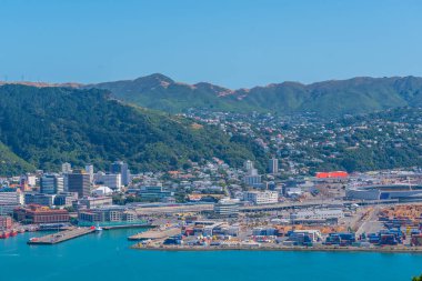 Wellington, Yeni Zelanda 'daki konteynır limanının hava görüntüsü