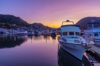 Picton, Yeni Zelanda 'daki marina üzerinde gün batımı manzarası