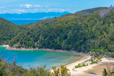 Yeni Zelanda 'daki Abel Tasman Ulusal Parkı' ndaki Bark Koyu 'nun havadan görüntüsü.
