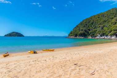 Yeni Zelanda 'daki Abel Tasman Ulusal Parkı' ndaki Onetahuti plajında sarı kanolar.