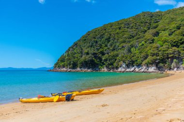 Yeni Zelanda 'daki Abel Tasman Ulusal Parkı' ndaki Onetahuti plajında sarı kanolar.