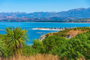 Kaikoura, Yeni Zelanda 'daki Güney Körfezi' ndeki bir balıkçı köyünün hava görüntüsü.