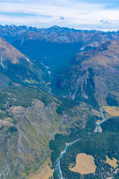 Flygfoto Över Flod Slingrande Genom Södra Alperna Nära Queenstown Nya — Stockfoto