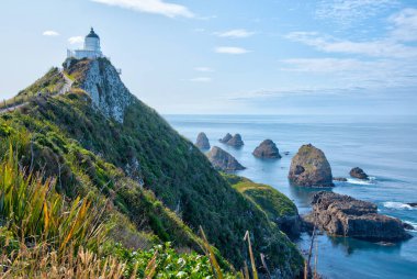Yeni Zelanda 'nın Nugget noktasındaki deniz feneri.