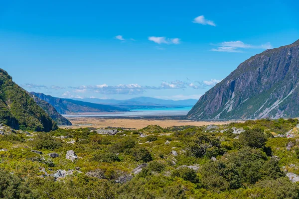 Valley Leder Till Sjön Pukaki Aoraki Mount Cook Nationalpark Nya — Stockfoto