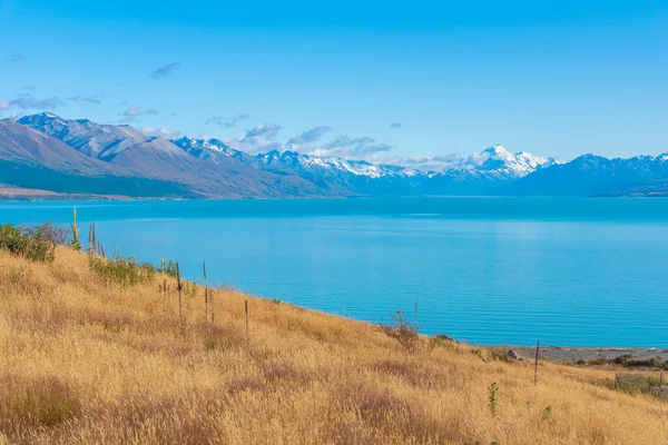 Aoraki Cook Visualizou Atrás Lago Pukaki Nova Zelândia — Fotografia de Stock