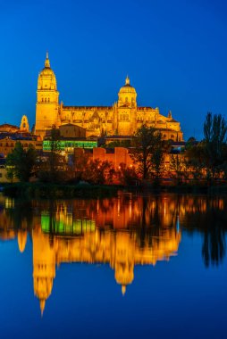 Salamanca 'daki Katedral' in gün batımı görüntüsü Tormes, İspanya 'ya yansıdı