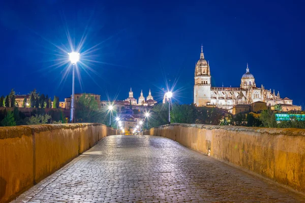 Vista Atardecer Del Puente Romano Que Conduce Catedral Salamanca España — Foto de Stock