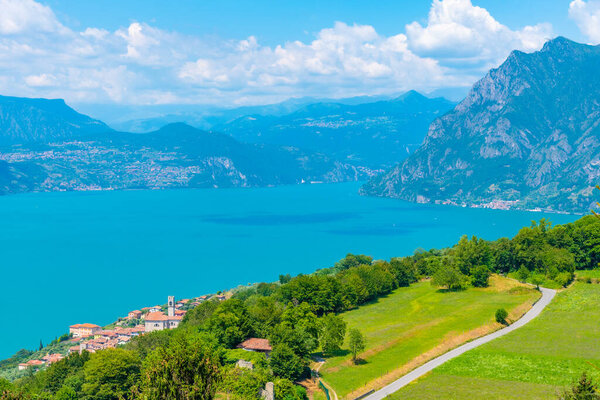 Aerial view of Iseo lake and Siviano village from Monte Isola in Italy