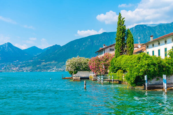 Lakeside view of Sulzano at lake Iseo, Italy