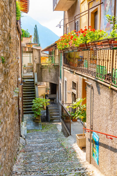Narrow street in Varenna town at lake Como in Italy