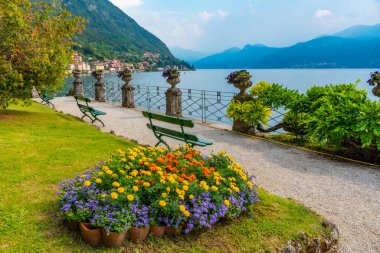 Como Gölü, İtalya 'nın Varenna kentindeki Vila Manastırı' nda çiçeklerin arkasında görüldü.