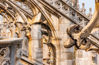 İtalya 'nın Milano kentindeki Duomo katedralinin çatısında taş elementler var.