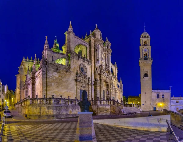 Widok Nocny Katedrę Świętego Zbawiciela Jerez Frontera Spai — Zdjęcie stockowe