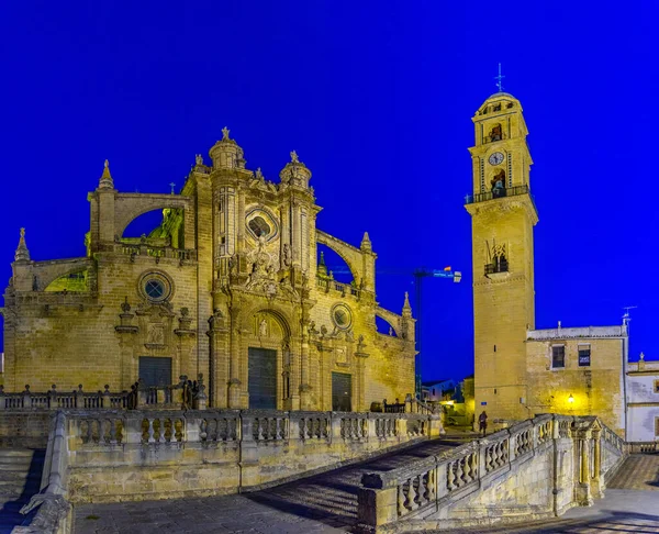 Night View Cathedral Holy Saviour Jerez Frontera Spai — Stock Photo, Image