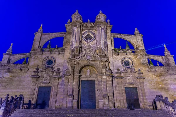 Éjszakai Kilátás Katedrális Szent Megmentő Jerez Frontera Spanyolországban — Stock Fotó