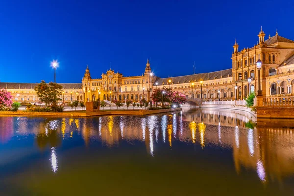 Plaza Espana Reflekteras Vatten Natten Sevilla Spanien — Stockfoto