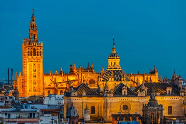 Noční Pohled Osvětlenou Katedrálu Seville Španělsko — Stock fotografie