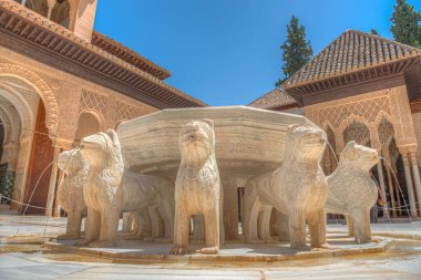 İspanya Granada 'daki Nasrid Alhambra Kalesi' nin içindeki Patio de los Leones.