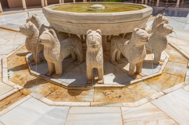 İspanya Granada 'daki Nasrid Alhambra Kalesi' nin içindeki Patio de los Leones.