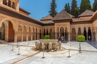 İspanya Granada 'daki Nasrid Alhambra Kalesi' nin içindeki Patio de los Leones.